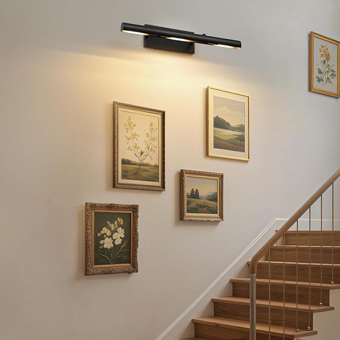 Art Picture Frame Wall Light: 24" Black Dimmable Vintage Artwork Brass Painting Spotlight - Hardwired Swing Arm Rotatable 3 Lights over Pictures - Linear Accent Lighting above Photo for Gallery Museum