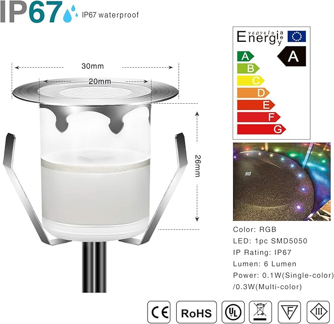 30Pcs LED Deck Light Kit 0.1W-0.3W Low Voltage RGB Outdoor Lighting 6Lm IP67 Waterproof Outdoor Black Border Step Stairs Garden Yard Patio Landscape Decor Lighting(RGB,30pcs)