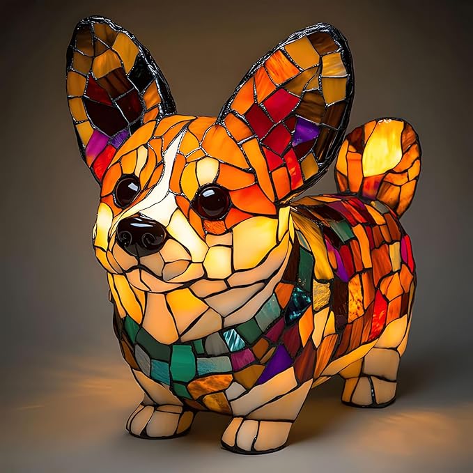 Corgi Night Light, LED Dog Series Art Light, Cute Pet Themed Stained Resin Table Lamps, Vintage Home Decor, Fun Gift for Dog Lovers (#04, 5.9")