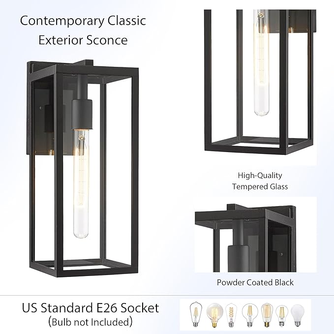 Bestshared Outdoor Wall Sconce Lights,Exterior Wall Lantern with Clear Glass, Black Porch Sconce Lighting,Waterproof Outdoor Lights for House Garage Doorway Patio, E26 Socket (Black, 15"-1 Pack)