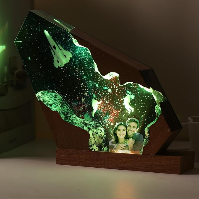 Custom Photo Space Resin Lamp - Handmade Galaxy Resin Night Light with Variable Lights, Unique Valentines Day Gifts for Him Her Kids, Personalized Birthday Gifts for Women Men Wife Husband (8"x5")
