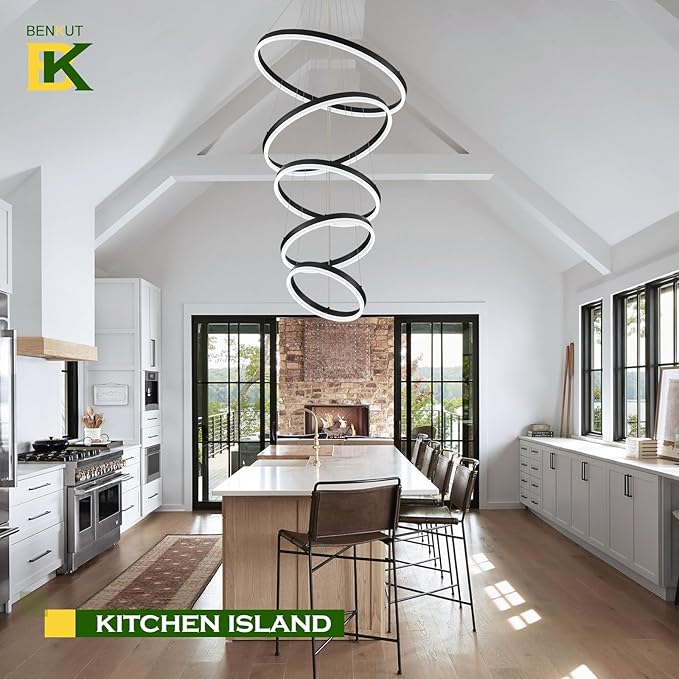 5-Rings Modern LED Chandelier Black High Ceiling Chandelier with Remote Control Dimmable Pendant Lighting for Dining Room Foyer Living Room Entryway Staircase(3000K-6500K, D23.6’’)