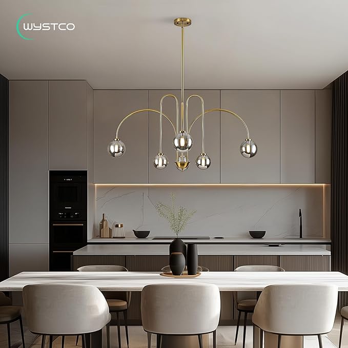Modern Sputnik Globe Chandelier, 6-Light Brass Gold Linear Chandeliers for Dining Room and Kitchen Island, Mid Century Light Fixture Over Table, (Smoke Grey Glass Bubble Shades, 40 Inch)