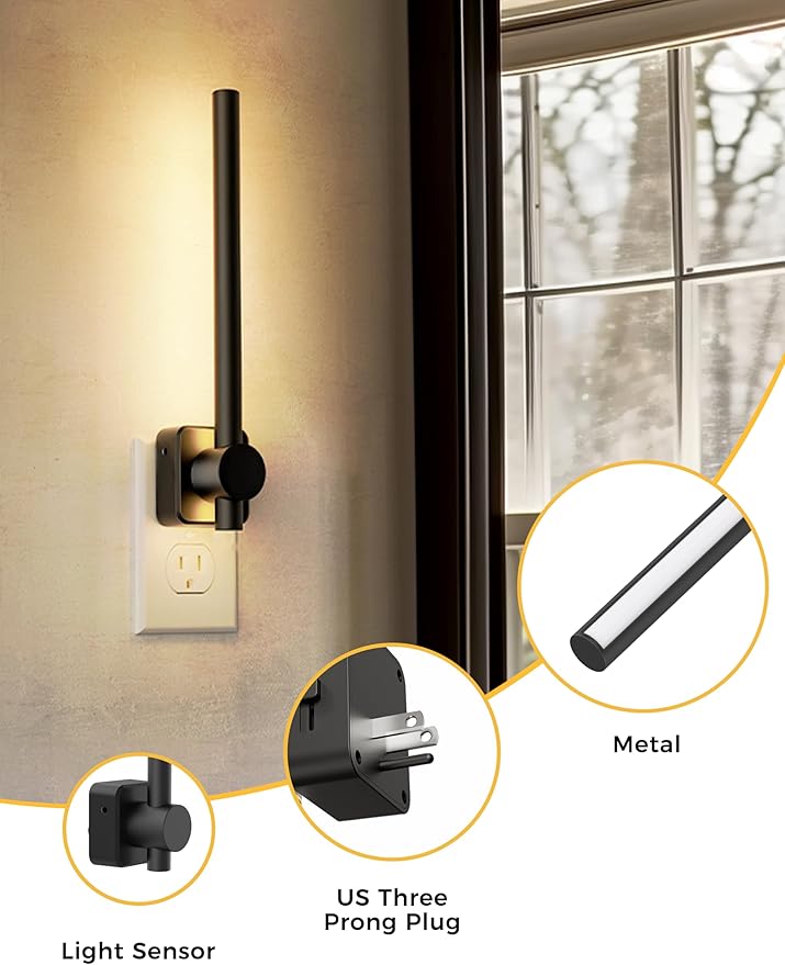 L LOHAS LED Night Light, Night Lights Plug into Wall, 0-200LM Bathroom Nightlight, Dusk to Dawn Sensor 2W Dimmable Nightlights, Soft White 3000K, Modern Black Night Light for Mirror Restroom, 1 Pack