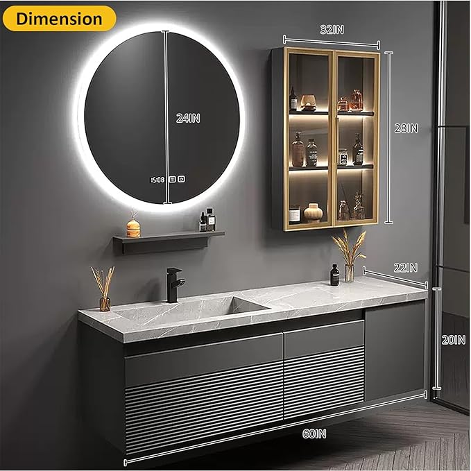 Modern Wood Bathroom Vanity - Additional Side Cabinets with Ambient Lighting & Glass Cabinet | Luxurious Bathroom Vanity with Sink, LED Defogging Function (60'')
