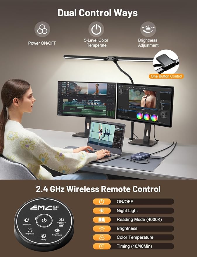 32.8'' Desk Lamp with Clamp for Home Office, Eye-Caring LED Desk Lamp, Dimmable Table Clip Lamp for Dual Screen Computer Monitor, Adjustable Color Lighting Mode Computer Monitor Light