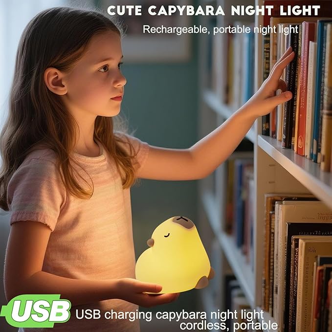 Cute Capybara Night Light, LED Capybara Lamp Rechargeable Touch Bedside Lamp,Squishy Animal Nightlight,3 Levels Dimmable,30Min Timer Nursery Night Light for Kids, Bedroom Baby Boys Girls Gifts