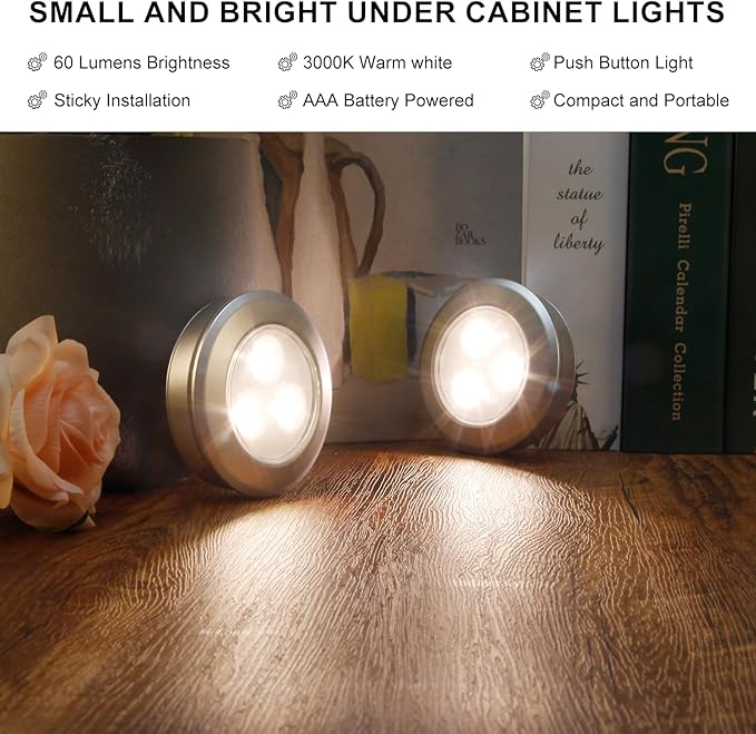 LUXSWAY LED Puck Lights Tap Light, Battery Operated Mini Push Light, LED Under Cabinet Lighting, Stick on Lights, Kitchen Closet Counter Night Lights (Included 18 AAA Batteries, 6-Pack,Silver)
