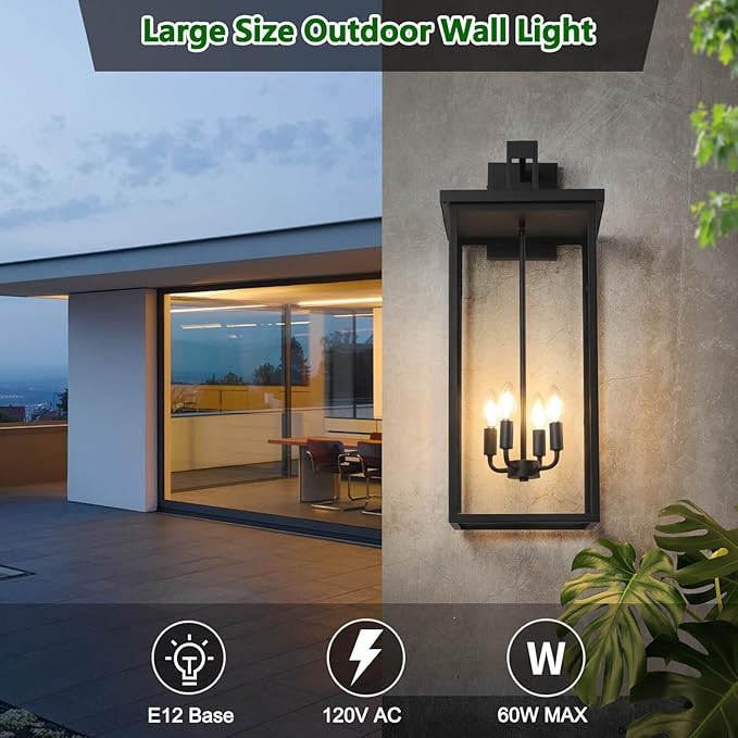 tewei 30In Large Size Square Outdoor Wall Lantern, Modern Black Outside Light for House Waterproof Porch Lights Outdoor Wall Sconce with Clear Glass Shade for Garage Porch Door, E12 Base (1 Pack)