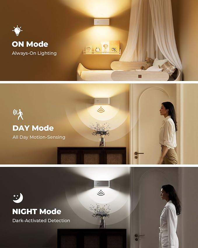 Motion Sensor Wall Sconce Indoor, Cordless Wall Lamp LED Wall Sconces Rechargeable Lamp, Remote Control, 8000mAh Battery Operated Wall Lights Brightness Adjustable for for Stair Closet Bedroom Hallway