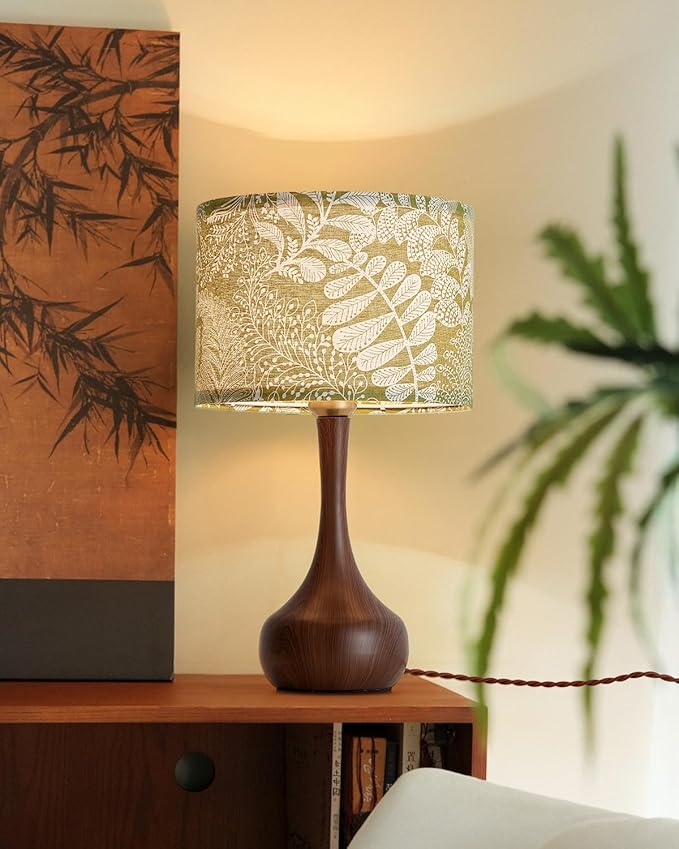 Vintage Boho Green Flower Fabric Red Wood Pattern Bedside Nightstand Table Lamp for Bedroom, Mid Century Modern Farmhouse Decorative Table Lamp Desk Lamp for Living Room Hallway Home Office