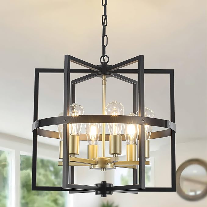 Black and Gold Chandeliers, Modern Farmhouse Dining Room Light Fixture 6-Light Entryway Chandelier for Foyer 19'' Kitchen Island Lighting Hanging Pendant Lights for Bedroom Hallway