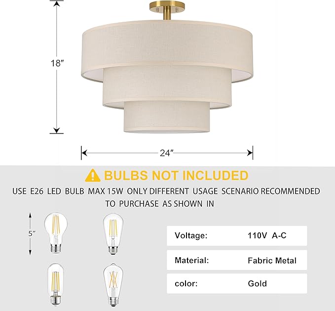 Doraimi Lighting 3 Tier Linen Drum Fabric Semi Flush Mount Light Modern Farmhouse Decor 7 Light 24 Inch Retro Gold Finish for Kitchen Living Room Dining Room Corridor Hallway