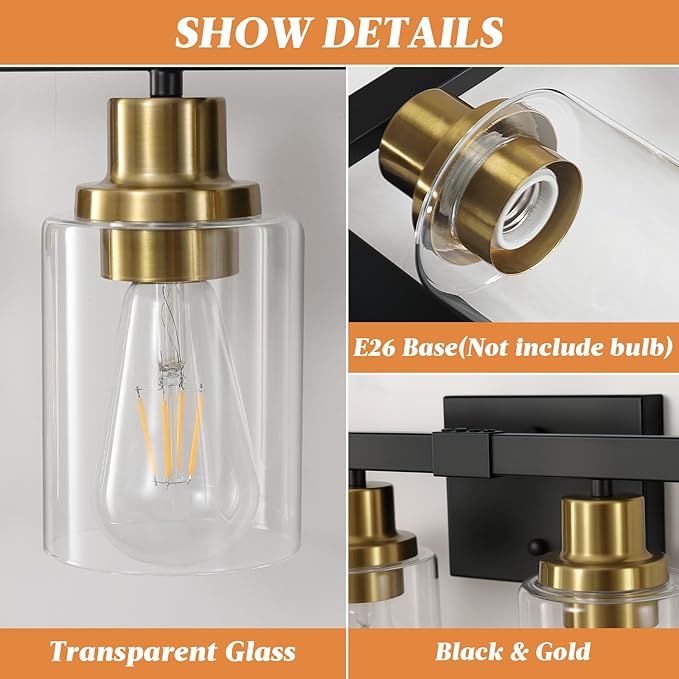 5-Light Black and Gold Bathroom Vanity Light, 30" Modern Vanity Lighting Fixture, Bathroom Light Fixtures, Wall Sconces with Clear Glass Shade, Black Bathroom Wall Light Over Mirror