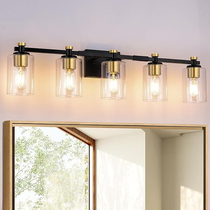 Bathroom Vanity Light 5 Light, Black and Gold Bathroom Lights Over Mirror, Black Gold Vanity Lights Fxitures with Clear Glass Shade, E26