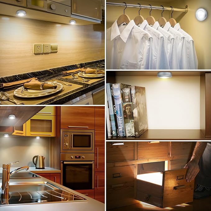 LUXSWAY LED Puck Lights Tap Light, Battery Operated Mini Push Light, LED Under Cabinet Lighting, Stick on Lights, Kitchen Closet Counter Night Lights (Included 18 AAA Batteries, 6-Pack,Silver)