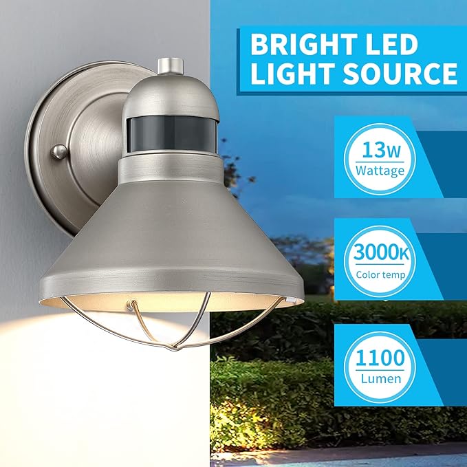 LONEDRUID Motion Sensor Outdoor LED Wall Sconce Dusk to Dawn Exterior Barn Light Fixtures Silver Outside Porch Light Waterproof Farmhouse Wall Mount Lamp for House Garage Entryway