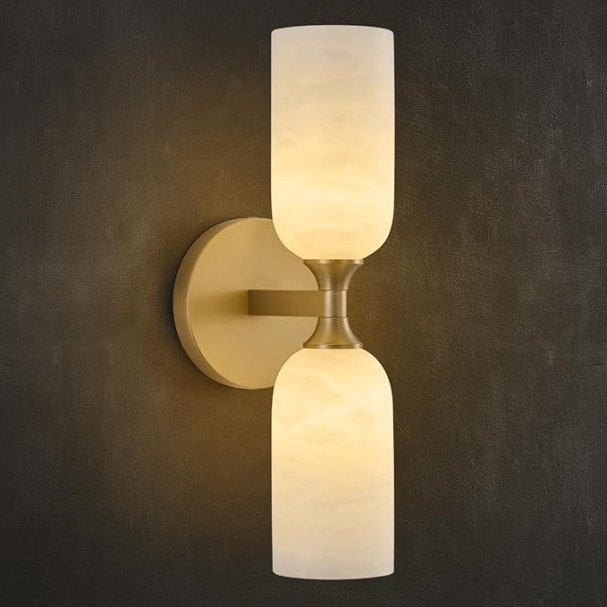 Vintage Alabaster Brass Wall Sconce: Antique Spanish Natural Marble Modern Vanity Wall Lights - 14" Cylinder Retro Brushed Gold Sconces - Indoor Sconce for Bathroom Bedroom Stair Hallway Living Room