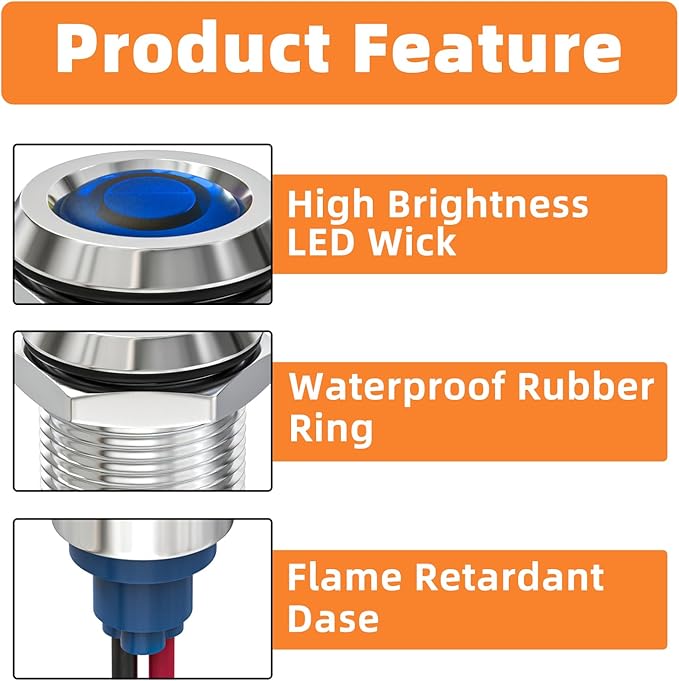 GASHER 5 PCS Energy Saving Indicator Light, LED Light 12V/24V/110V 20mA Panel Mount Light, Mounting Hole Size 12mm(1/2 inch) Blue LED (12V)