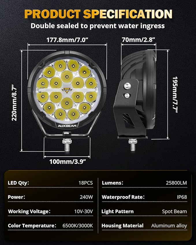 Auxbeam RAY-L Series 7 Inch Round LED Offroad Driving Light Bar with White/Amber DRL 240W Spot Beam Spotlights Offroad Lighting for 4x4 Jeep UTV ATV, Pair