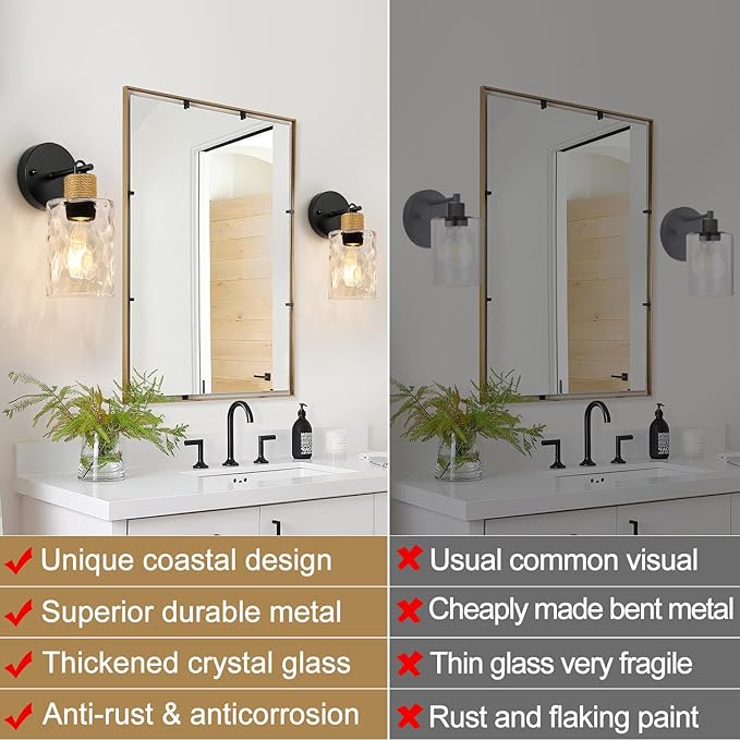 Set of 2 Wall Sconces for Bathroom, Coastal Modern Vanity Lights with Clear Glass Shade, Black Bathroom Wall Lamp for Mirror Kitchen Living Room Hallway Cabinet Porch