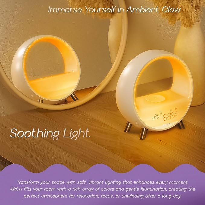 Dekala 5G Arches Gradual Sunrise Alarm Clock with Wireless Charging Sunset White Noise Sleep Sound Machine Loud Alarm Clock for Heavy Sleepers Bluetooth Speaker Night Light Touch/App/Button Control