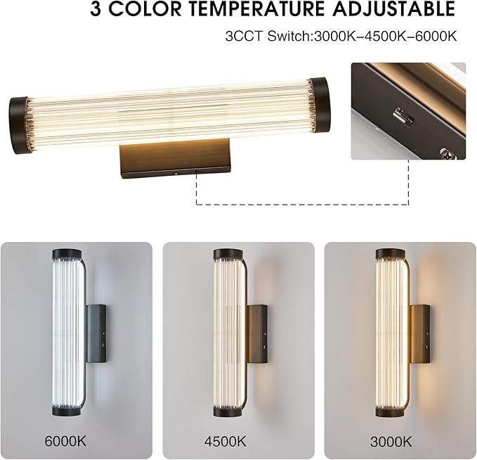 Black Modern LED Wall Sconce, 16.5" Black Bathroom Sconces with Clear Glass, 3CCT Dimmable Hardwired Sconces Wall Decor Lighting Indoor Light fixtures for Bathroom Living Room Hallway Bedroom