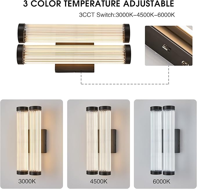 Modern LED Wall Sconce, 16.5" Black Bathroom Sconces with Clear Glass, 3CCT Dimmable Hardwired Double Sconce Wall Lighting Indoor Light fixtures for Bathroom Living Room Hallway Bedroom