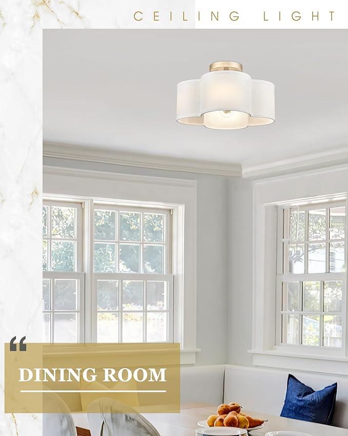 Gold Semi Flush Mount Ceiling Lights, 14" 4-Light Ceiling Light Fixtures with Fabric Shade in Quatrefoil Shape, Farmhouse Brass Drum Lighting for Kitchen Hallway Bedroom, AD-22007-4SF-GD