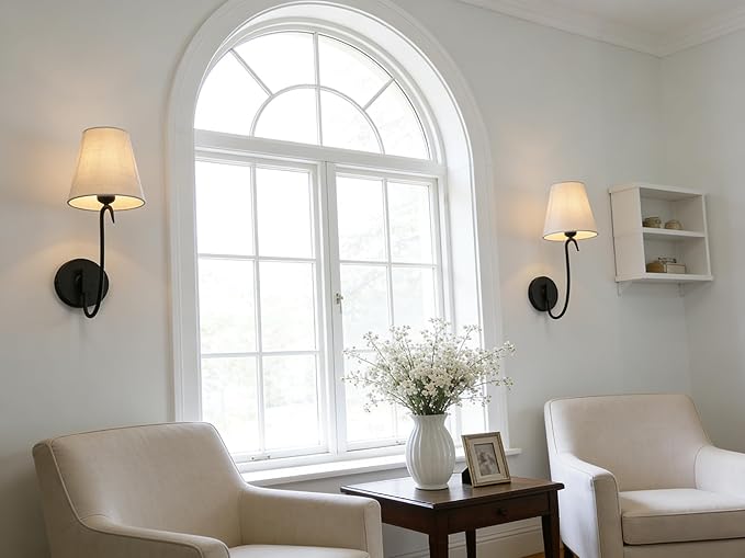 PERMO Vintage Wall Sconce with Goose-Neck Arm and White Fabric Shade – Hardwired Black Sconce E26 Wall Light for Bedroom, Hallway, Living Room & Bathroom