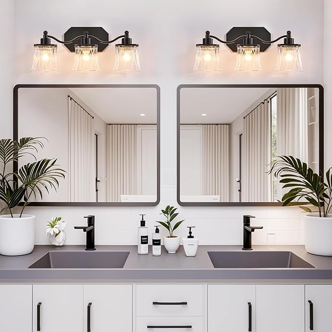 Bathroom Vanity Light Fixtures, 3-Light Vintage Matte Black Vanity Lights with Crystal Glass Shades, Farmhouse Bathroom Lighting Fixtures Over Mirror for Bathroom Bedroom Hallway