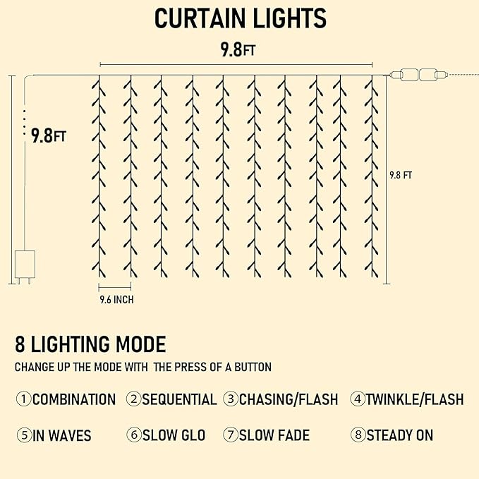 Dazzle Bright 300 LED Curtain String Lights, Christmas Fairy Lights for Bedroom with 8 Lighting Modes, Connectable Waterproof Window Lights Party Wedding Garden Wall Decor, Blue