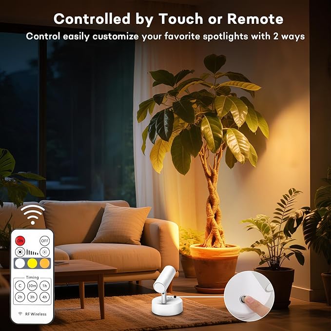 Lightess Spotlights Indoor with Remote, 6000mAh Wireless Spot Lights Indoor LED Uplighting with 3 Color Temperature, Rechargeable Battery Operated Spotlight for Plant Artwork Painting, 2 Pack White