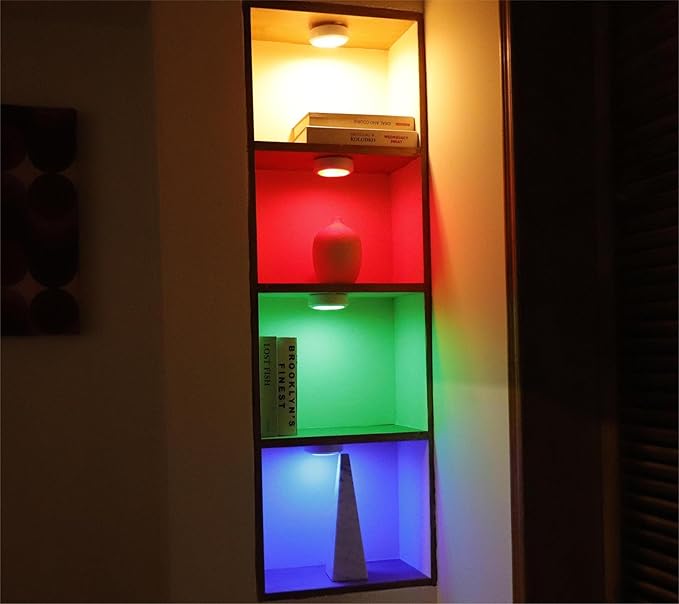 Puck Lights Battery Operated with Remote,Under Cabinet Lighting Wireless,7 Colors RGB LED Puck Lights Dimmable, Push Lights for Closet,Kitchen,Under Counter Lights Display Shelf(4pack)