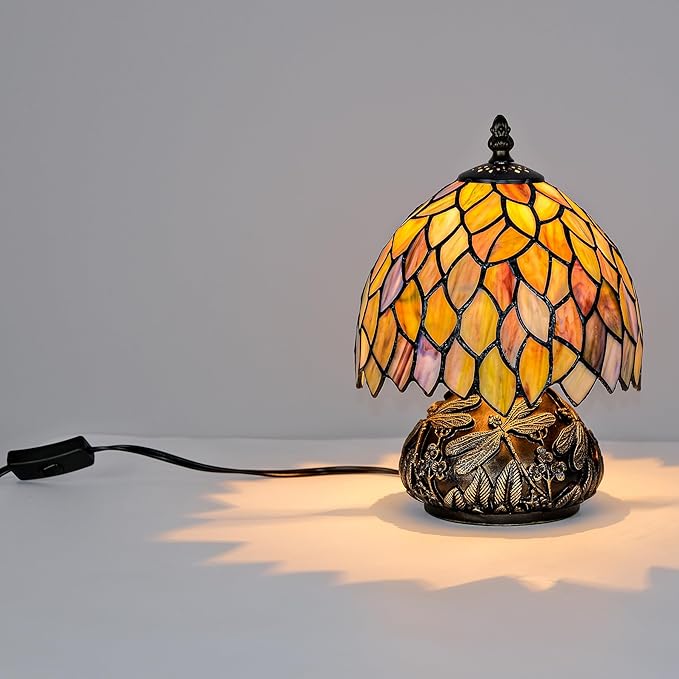 Tiffany Style Table Lamp, Stained Glass Gradient Green Wisteria Desk Lamp with Antique Bronze Dragonfly Resin Base, Vintage Accent Light for Bedroom Living Room 8x11 Inch (Green Wisteria)