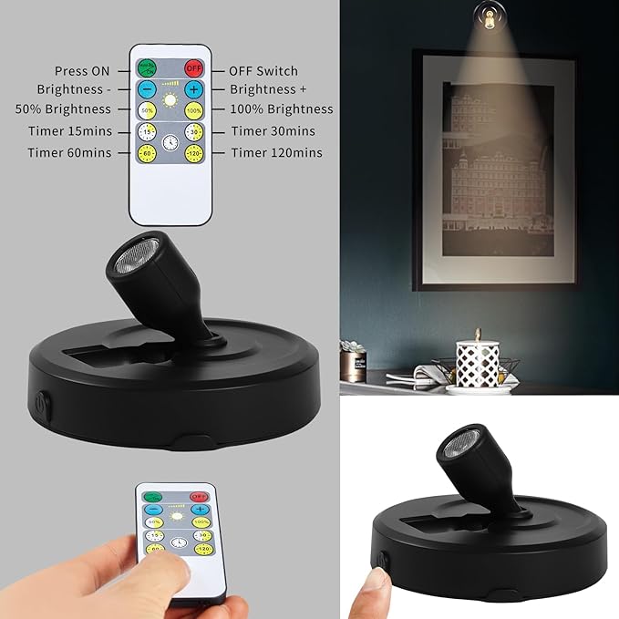 2-Pack Cordless Spotlight Battery Operated Picture Lights, LED Display Puck Lights with 2 Remote, Dimmable Accent Lighting Stick on Uplight for Wall Painting Gallery Art Dartboard Plants