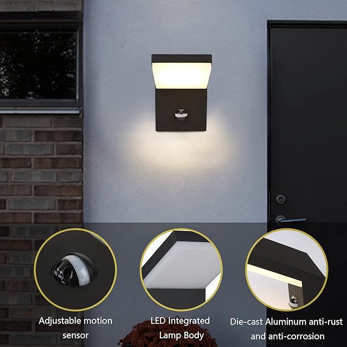 2 Pack Motion Sensor Porch Light Outdoor Wall Mount Black Exterior Light Fixture LED Modern Wall Sconce for House Garden Patio Garage IP54 Waterproof 1800lm 18W 3000K Warm White