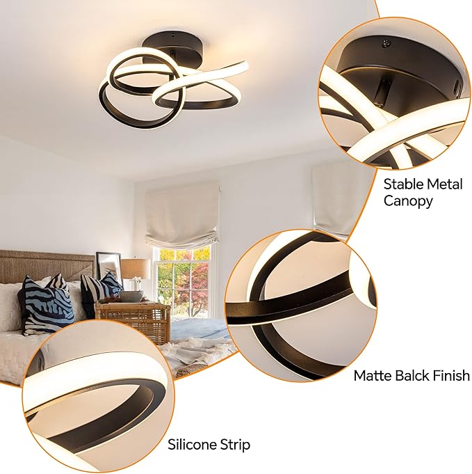 Modern Ceiling Light, 36W LED Dimmable Ceiling Light with Remote Control, 3000-6000K Color Temperature Changing, Black Small Chandelier for Bedroom, Entryway, Hallway, Kitchen