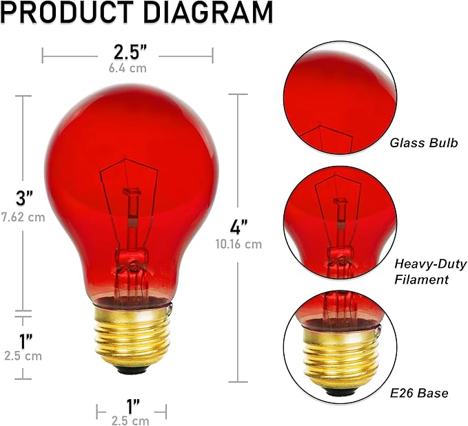 Mandala Crafts Clear 25 Watt Red Light Bulbs E26 Medium Base 120V 25W Red Bulbs
