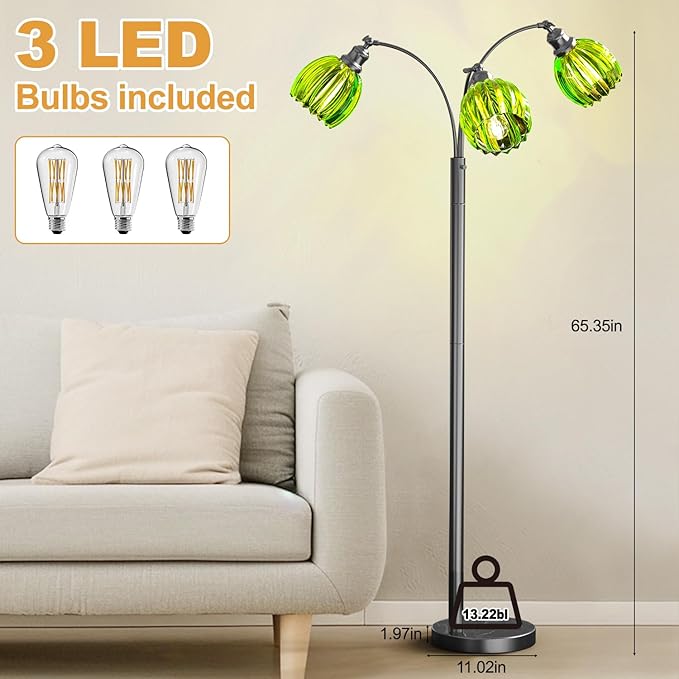 Dimmable Glass Floor Lamp for Living Room, 65in Tall Arc Floor Lamps with Flower Shades & Marble Base, Black Mid Century Modern Tree Floor Lamps for Bedroom Office, 3 LED Bulbs Included