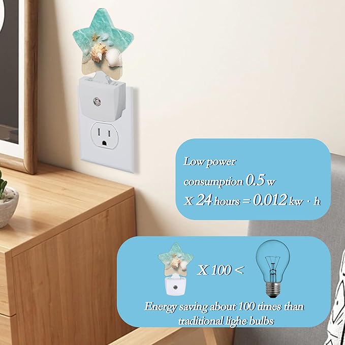 Beach Starfish Shells Plug-in Night Light with Dusk-to-Dawn Sensor for Bathroom,Bedroom and Hallway Sleep Friendly Lamp for Women/Girls/Boys Gift,0.5w