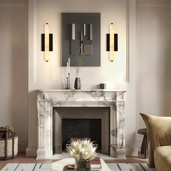 Alabaster Wall Sconces Set of Two, 15in Black Alabaster Sconce, Modern Spanish Natural Marble Sconces Lights, Rectangle Sconces for Bathroom Vanity Bedroom Living Room Staircases Hallway