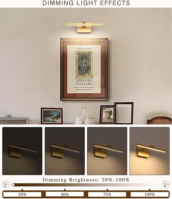 Joosenhouse Hard Wired Picture Light Gold Modern Picture Lights for Paintings 300 Lumens Brightness Adjustable Swing Arm Wall Lamp Dimmable Accent Lighting 110V AC