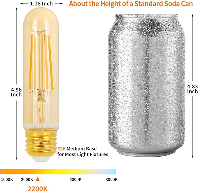 E26 T10 LED Light Bulbs, 5 Inch Vintage Tubular Thin Edison Bulbs, 2200K Candlelight, Amber Glass, 4W(40W Eqv.), Dimmable, Ideal for Bedroom, Dining Room, Accent/Ambient Warm Lighting, 3 Pack