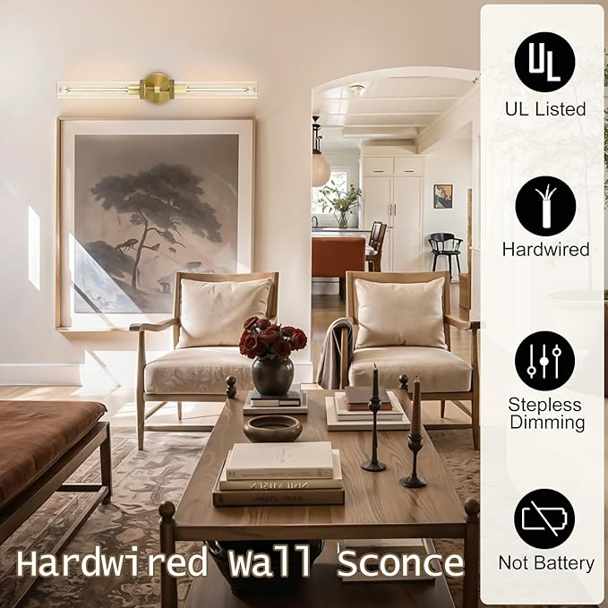 30" Bathroom Wall Sconce, Brass Wall Sconces Hardwired, Gold Wall Sconce Dimmable, Knurled Linear Sconces Wall Lighting with Glass Tube, Vanity Light for Bathroom, Living Room, Bedroom