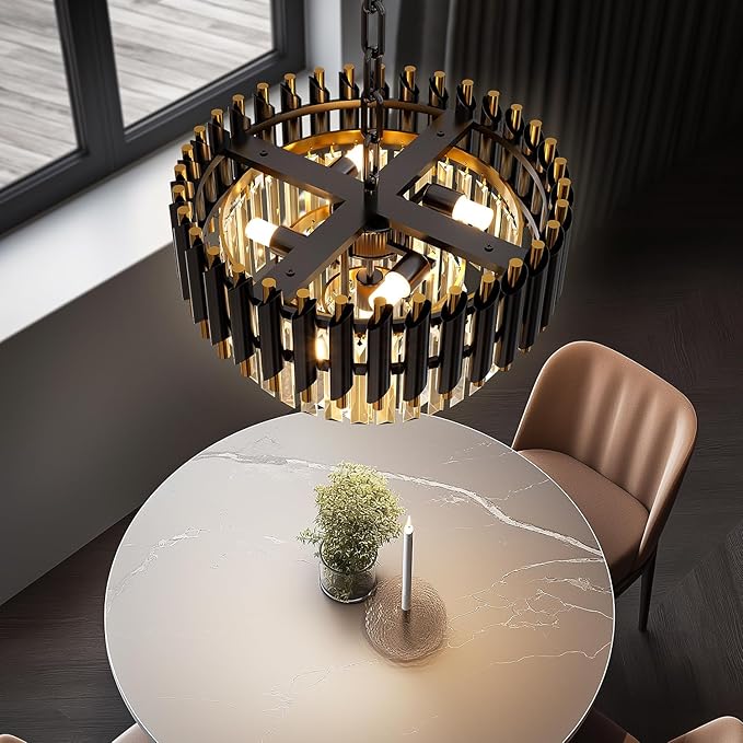 Black Crystal Chandelier, 16 Inch Modern 3-Tier Round Ceiling Light, K9 Luxury Pendant Lighting for Living Room Dining Room Entryway
