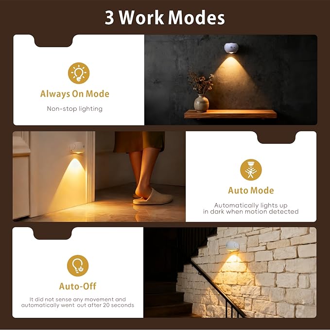 350° Rotatable Motion Sensor Wall Sconce - Wireless Magnetic 3 Color Modes & Stepless Dimming, Rechargeable Battery for Closet/Hallway