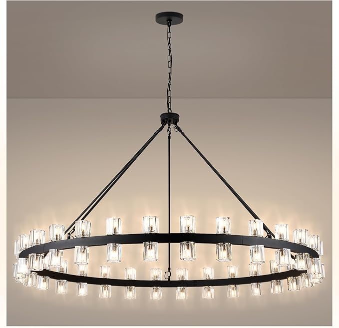 60 Inch Black Wagon Wheel Chandelier with Crystal Shade, 60 Lights, Modern Farmhouse Style, Ideal for Dining Room, Kitchen, Entryways