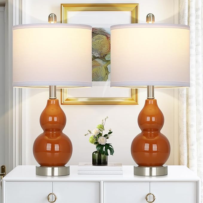 Double Gourd Ceramic Table Lamps Set of 2, Modern Red Bedside Lamps for Night Stand, Contemporary Nightstand Lamps for Bedroom Living Room (Bulb Included)