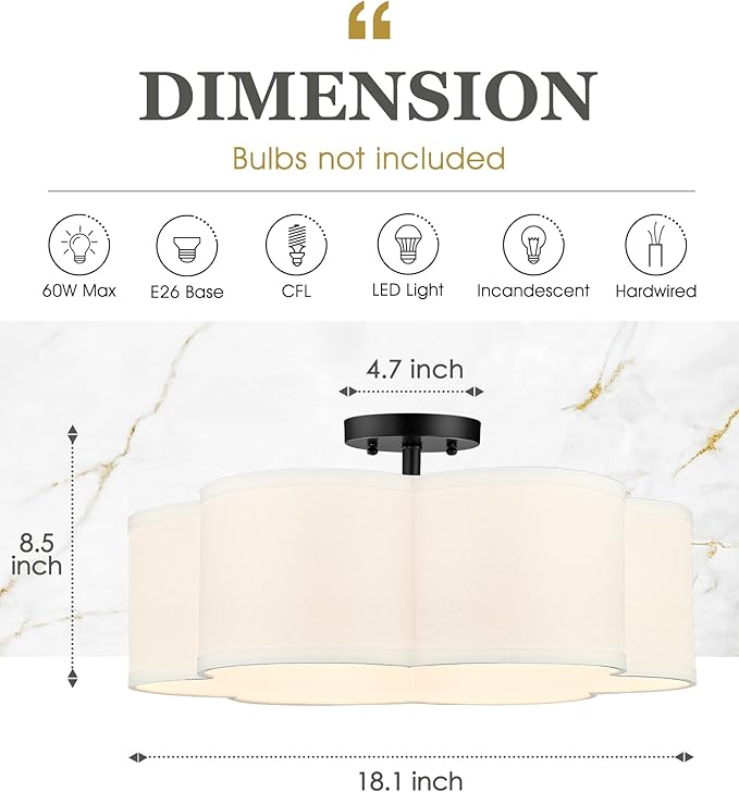 Black Semi Flush Mount Ceiling Lights, 6-Light 18Inch Ceiling Light Fixtures with Fabric Drum Shade in Flower Shape for Nursery Bedroom Kitchen, AD-22007-6SF-BK